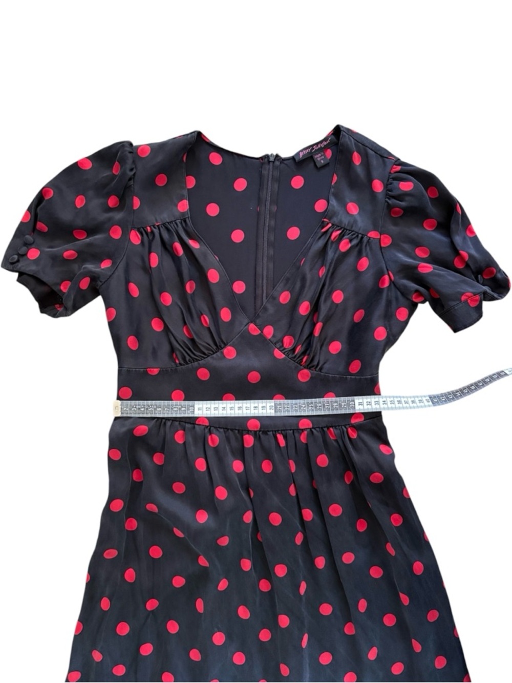 Vintage Betsey Johnson 100% Silk Black Red Polka Dot Puff Sleeve Dress - Picture 14 of 16